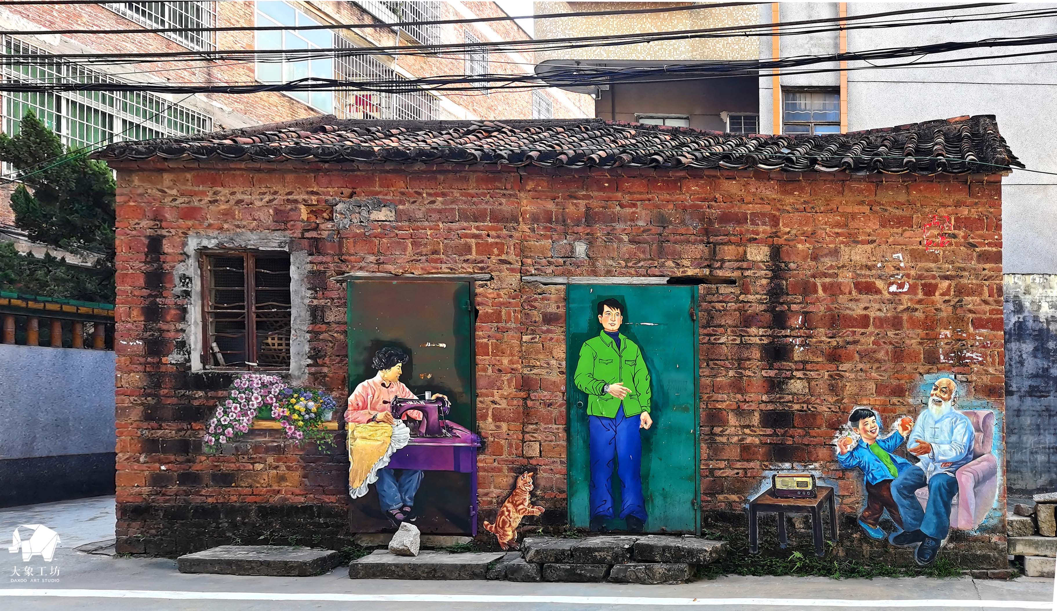 大象工坊广州白云区营溪村旧年代人物创意墙绘